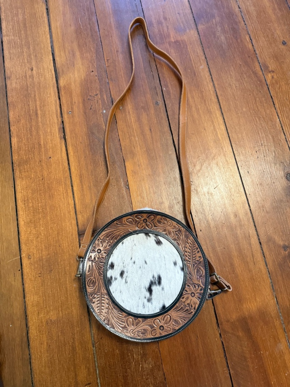 Myra Bag Round Tooled Leather Crossbody with Speckled White Hide